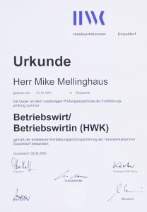 Urkunde Betriebswirt Mike Mellinghaus